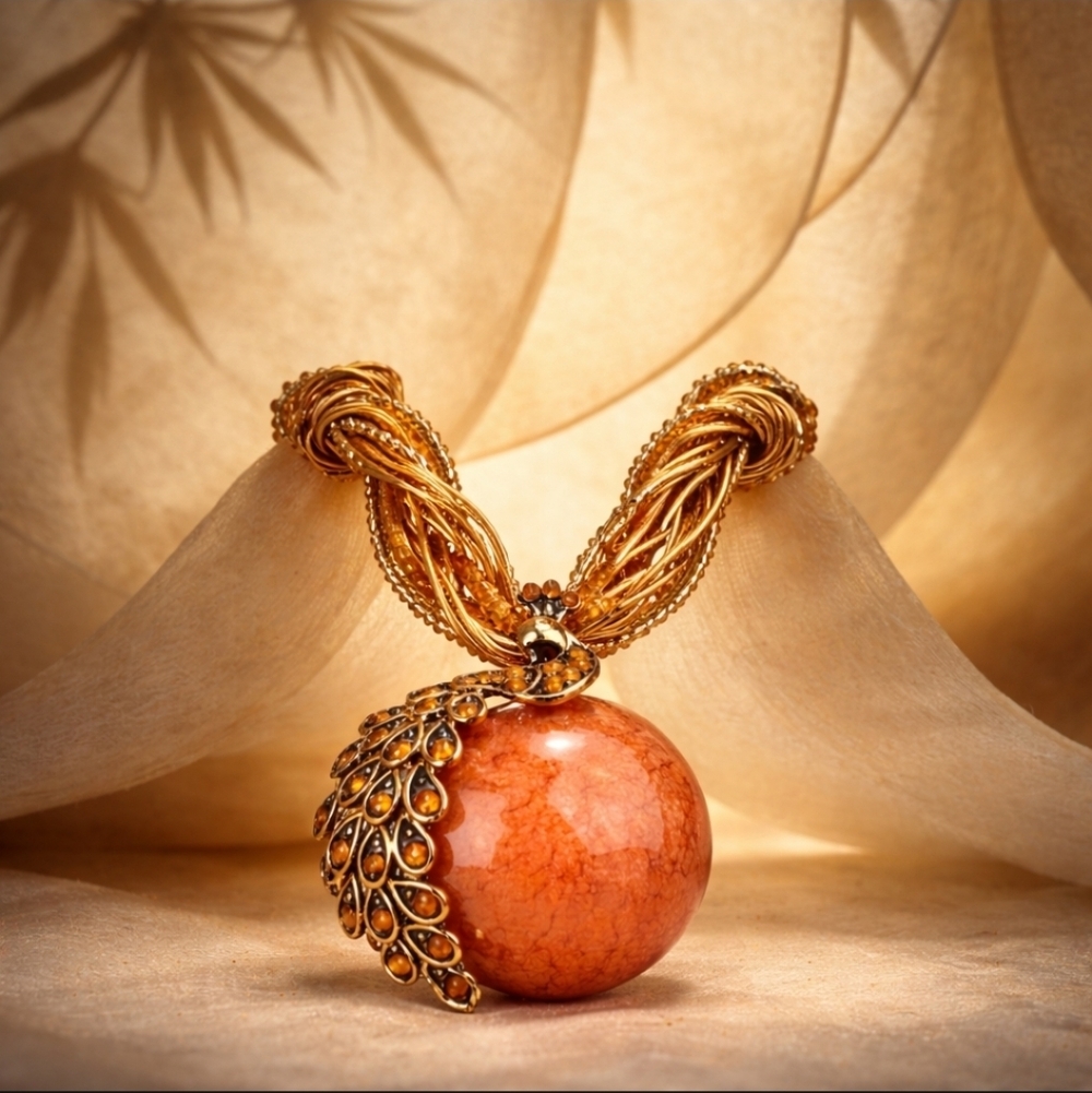 Boho Stunning Orange Necklace with Gold Accents Beading Rhinestones - Picture 3 of 4